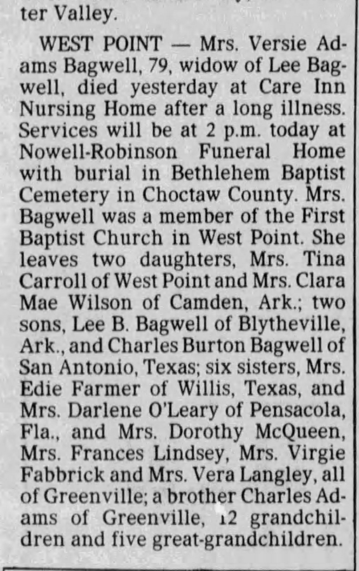 Versie Virginia (Adams) Bagwell - Obituary
The Commercial Appeal - August 26, 1986 - Page 02