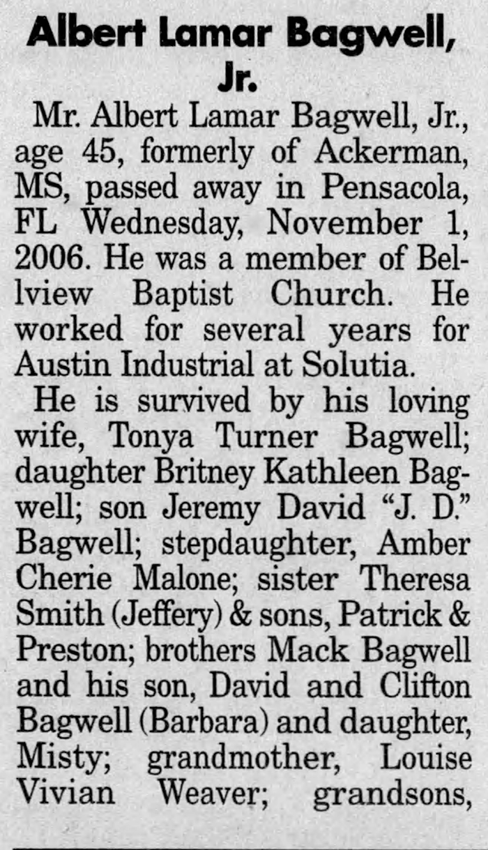 Albert Lamar Bagwell - Obituary
Choctaw Plaindealer - November 08, 2006 - Page 03