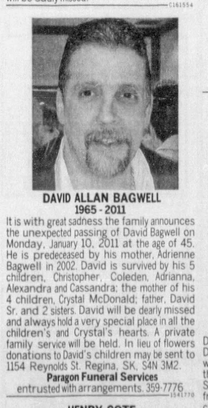 David Allan Bagwell - Obituary
The Leader Post - January 14, 2011 - Page 37