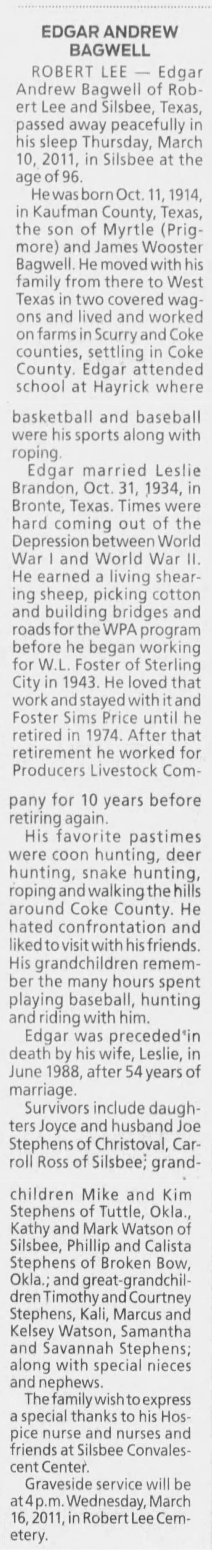 Edgar Andrew Bagwell - 1914 to 2011
Standard Times - March 15, 2011 - Page 02
