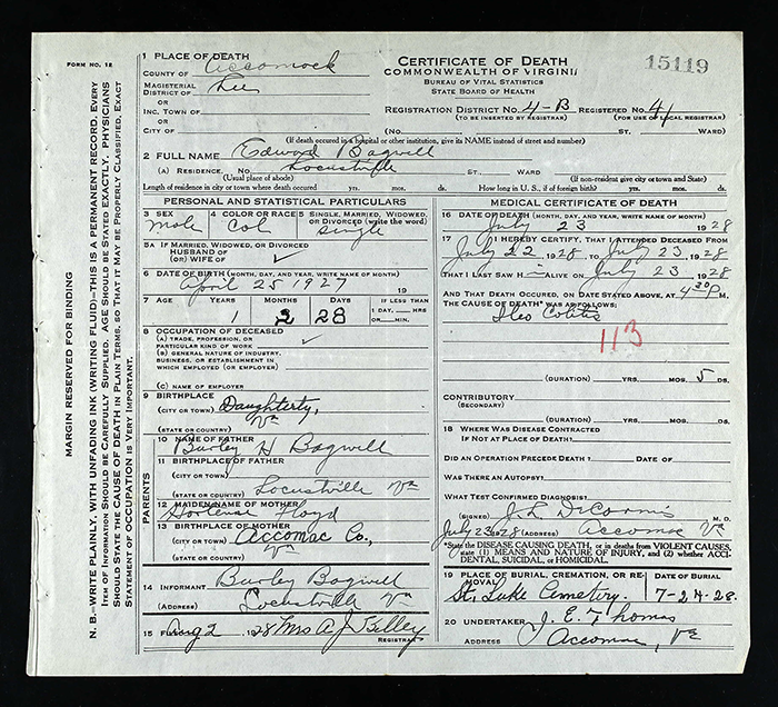 Edward Bagwell - 1927 to 1928
Certificate of Death - Commonwealth of Virginia