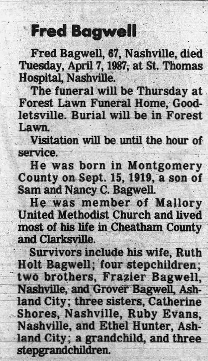 Frederic Frey Bagwell - Obituary
The Leaf Chronicle - April 09, 1987 - Page 12