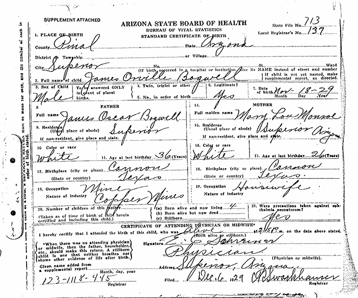 James Orville Bagwell - 1929 to 2011
Certificate of Birth - State of Arizona