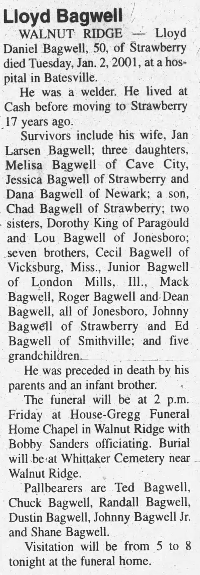 Lloyd Daniel Bagwell - Obituary
Batesville Guard - January 04, 2001 - Page 05