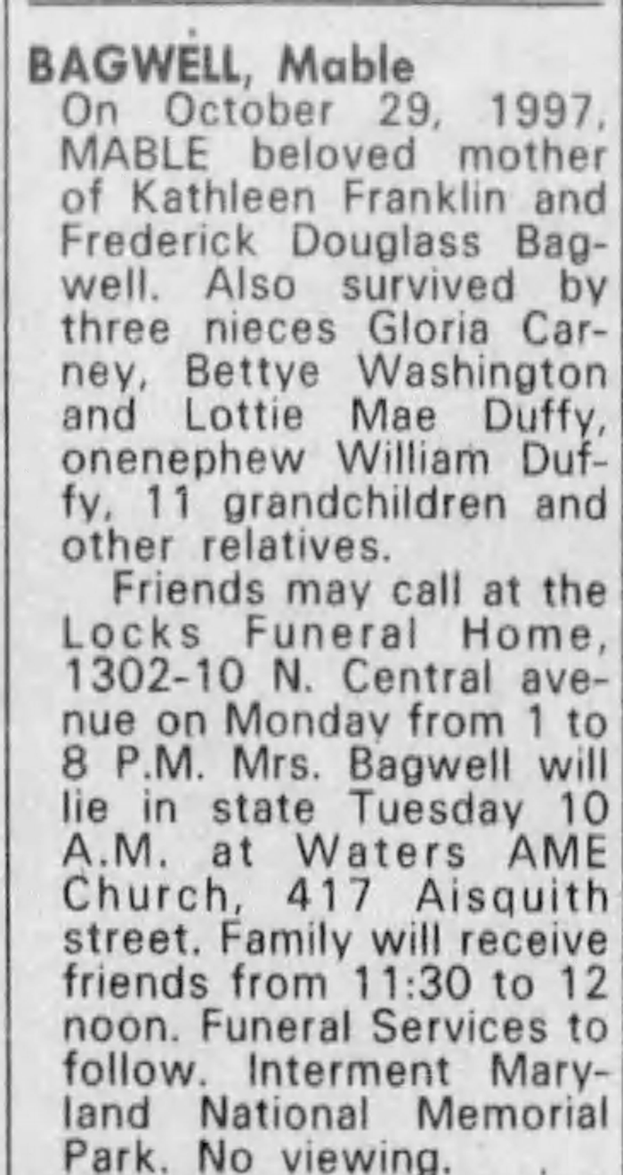 Mabel Bagwell - Obituary
The Baltimore Sun - November 02, 1997 - Page 203