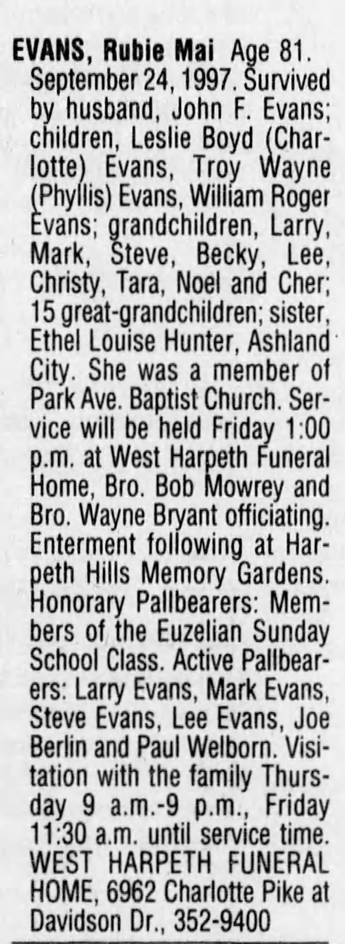 Rube Mai (Bagwell) Evans - Obituary
The Tennessean - September 24, 1997 - Page 40