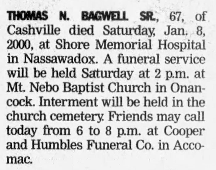 Thomas Nathaniel Bagwell - Obituary
The Daily Times - January 14, 2000 - Page 08