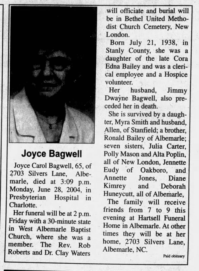 Joyce Carol Bailey - Obituary
Stanly News and Press - July 01, 2004 - Page 02