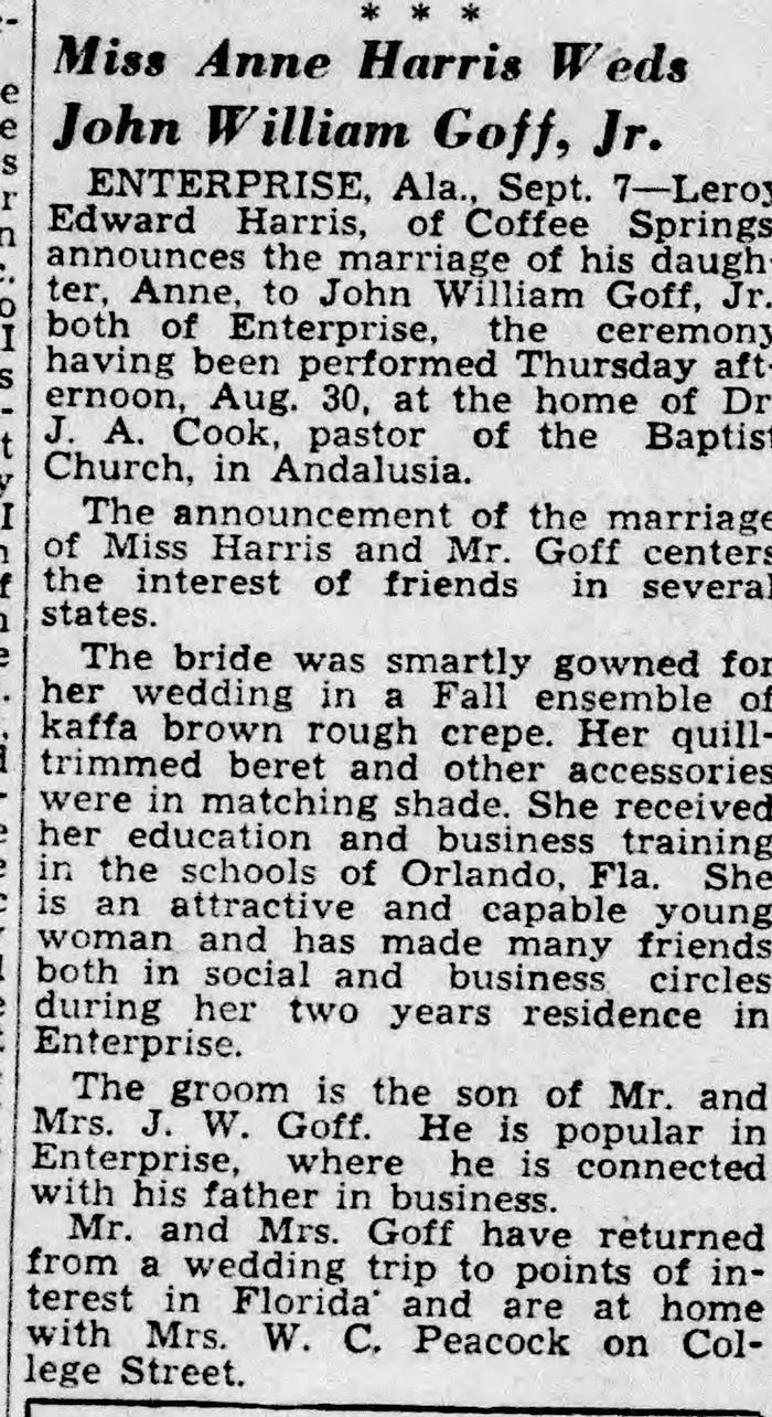 John William Goff and Ann Earle Harris - Marriage Annoucement
Birmingham Post Herald - September 08, 1934 - Page 11