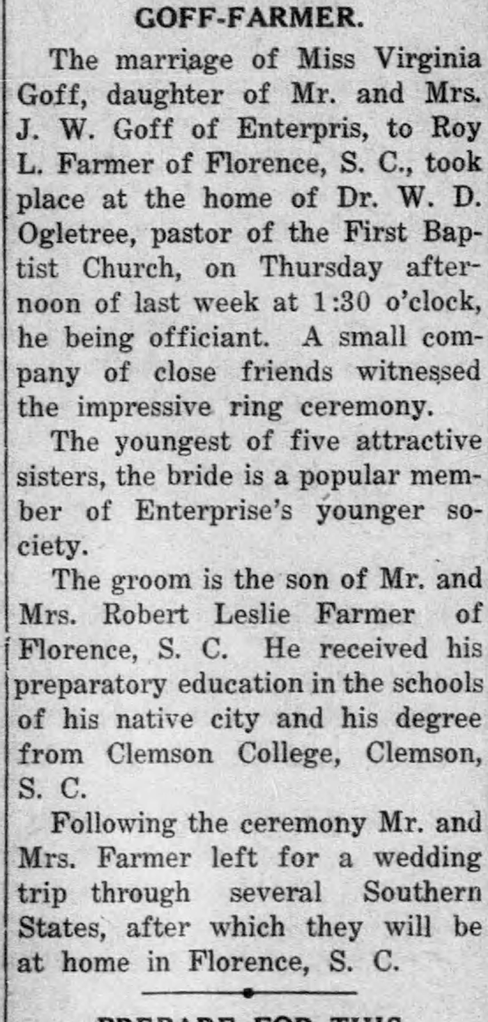 Virginia Grace Goff and Roy Lesley Farmer - Marriage Annoucement
The Enterprise Ledger - September 29, 1939 - Page 04