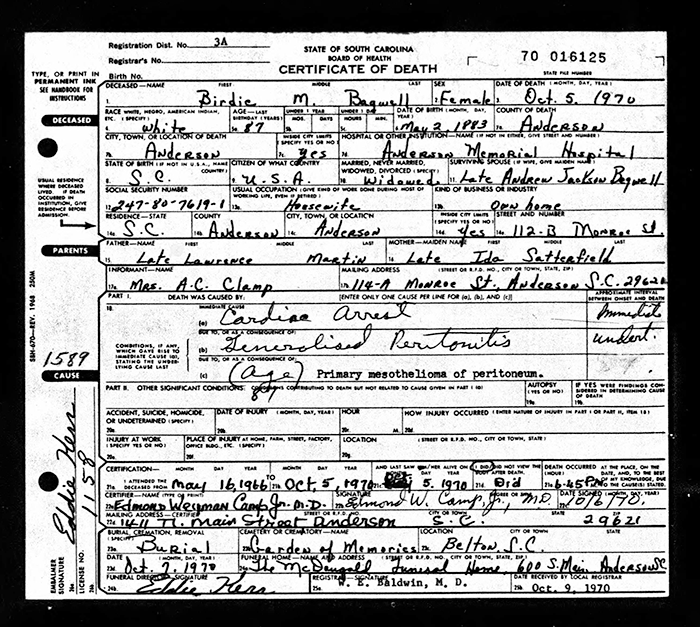 Birdie Voila (Martin) Bagwell - 1882 to 1970
Certificate of Death - State of South Carolina
