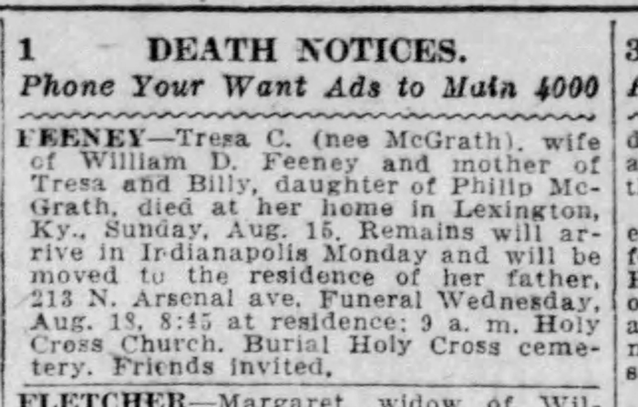 Theresa Constance McGrath - Obituary
The Indianapolis Star - August 17, 1926 - Page 12