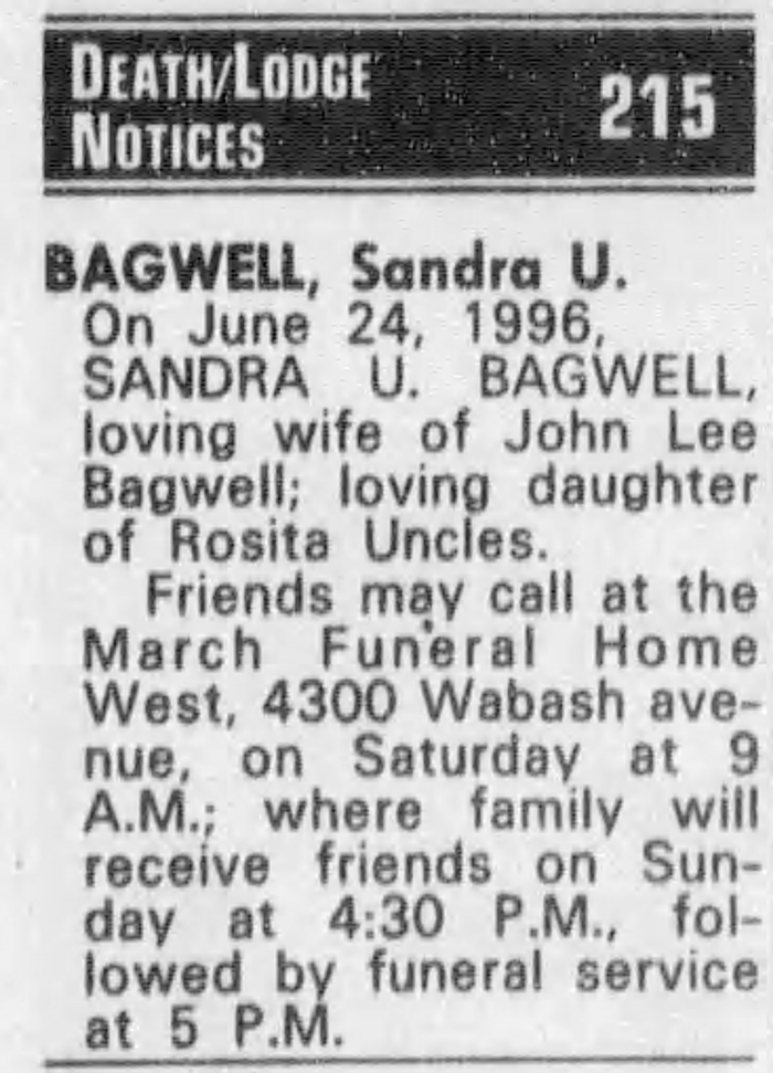 Sandra (Uncles) Bagwell - Obituary
The Baltimore Sun - June 28, 1996 - Page 27