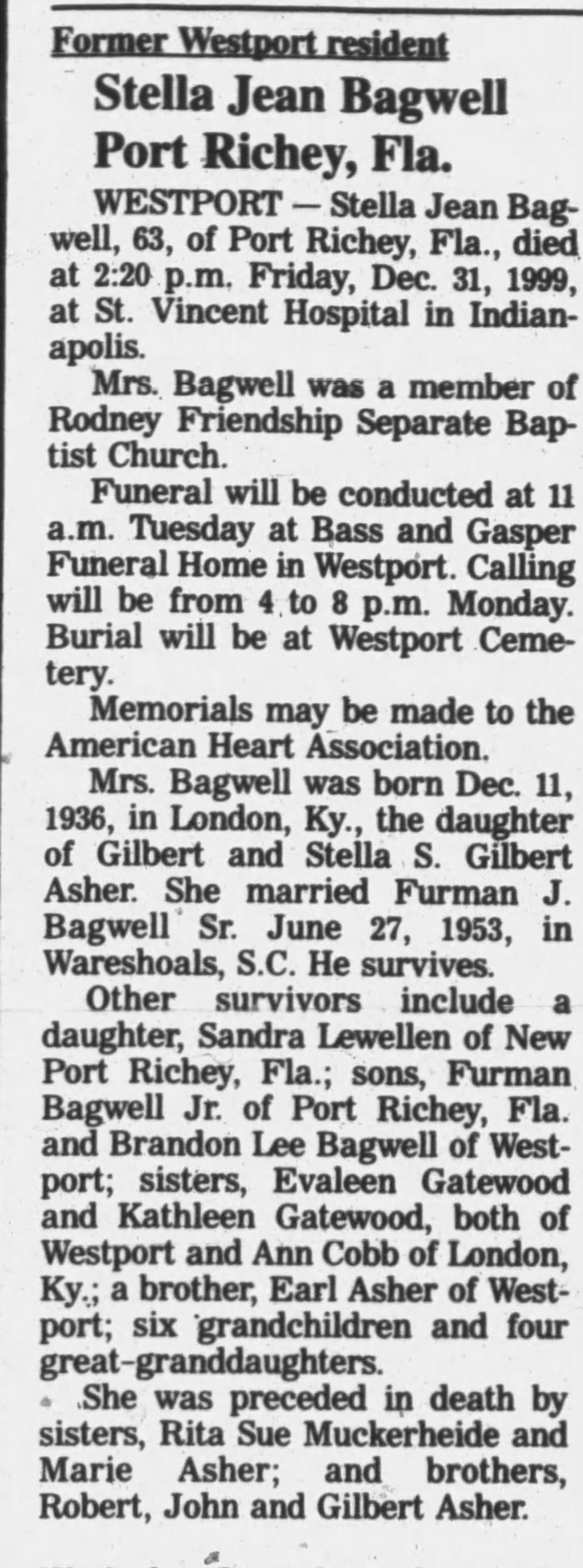 Stella Jean (Asher) Bagwell - Obituary
The Republic - January 02, 2000 - Page 07