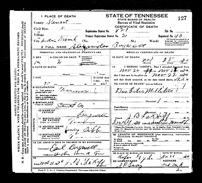 Alexander Bagwell - 1846 to 1920
Certificate of Death - State of Tennessee