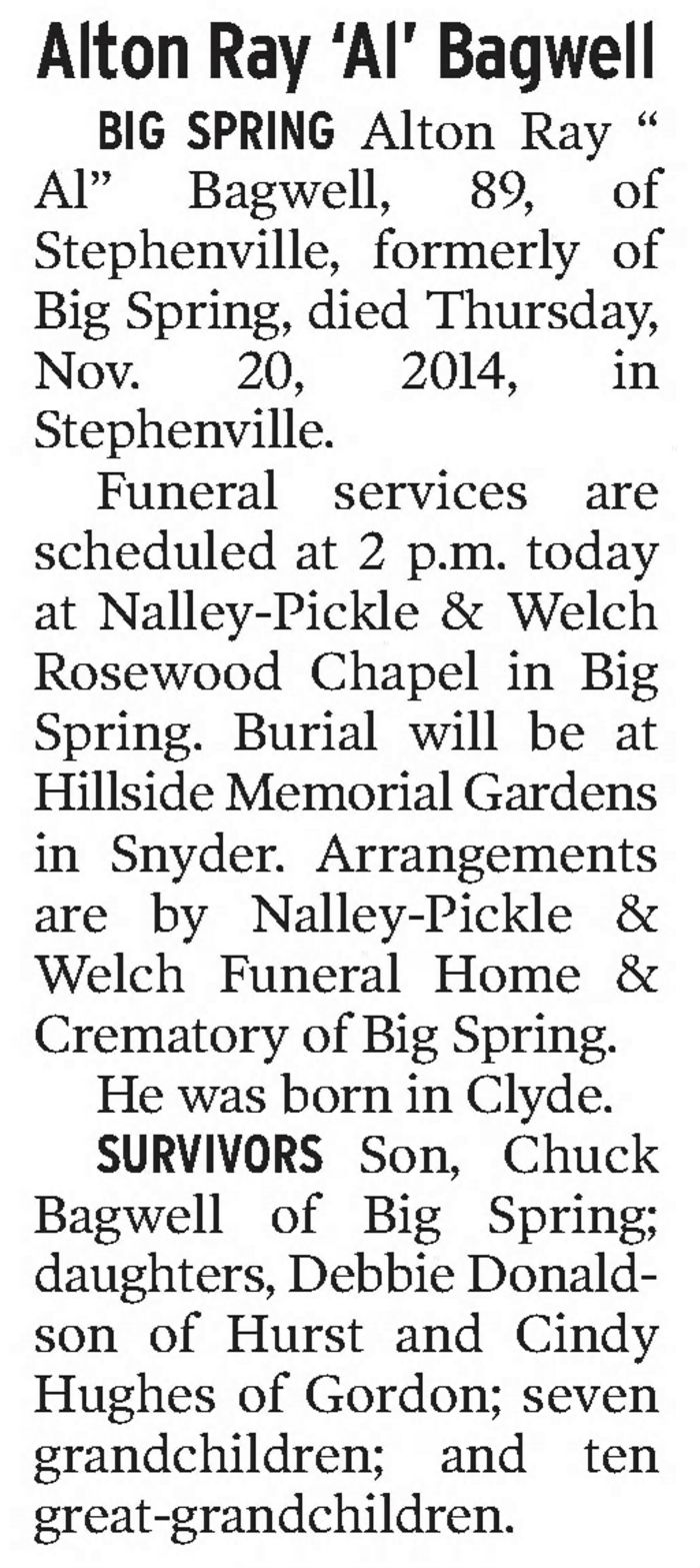 Alton Ray Bagwell - Obituary
The Odessa American - November 22, 2014 - Page B5