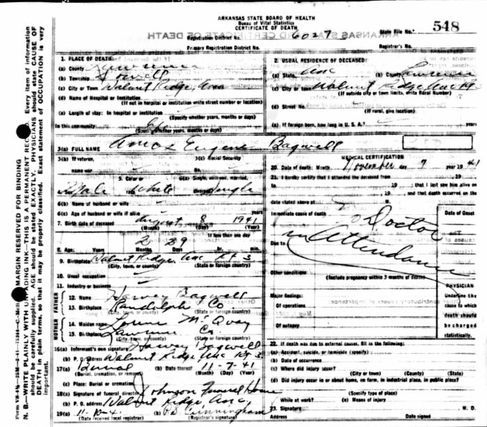 Amos Eugene Bagwell - 1941 to 1941
Certificate of Death - State of Arkansas