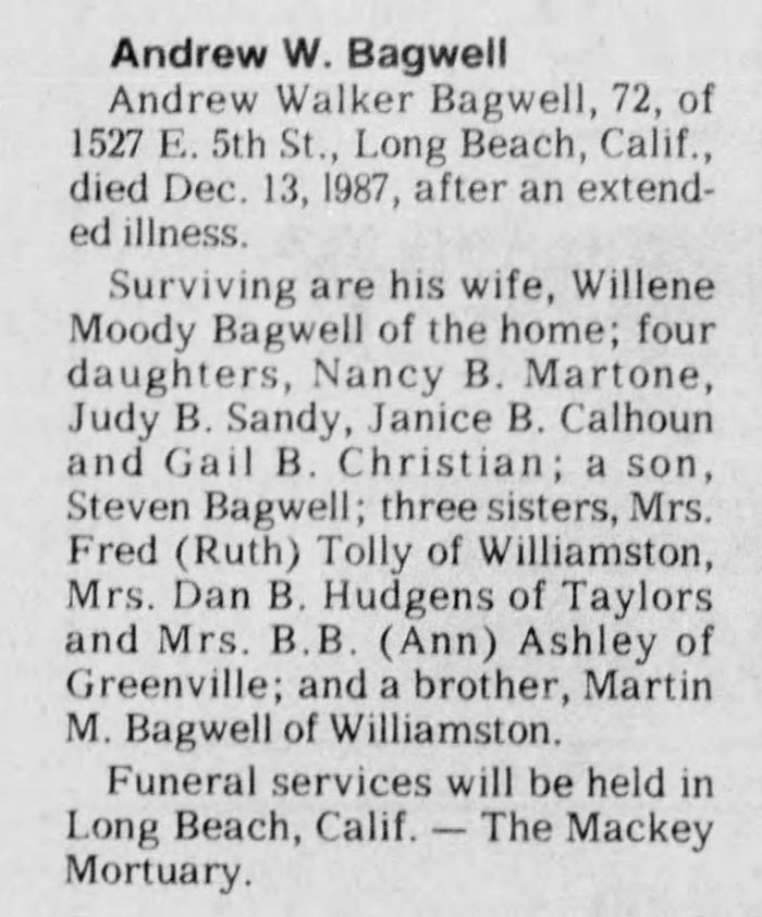 Andrew Walker Bagwell - Obituary
The Greenville News - December 16, 1987 - Page 38