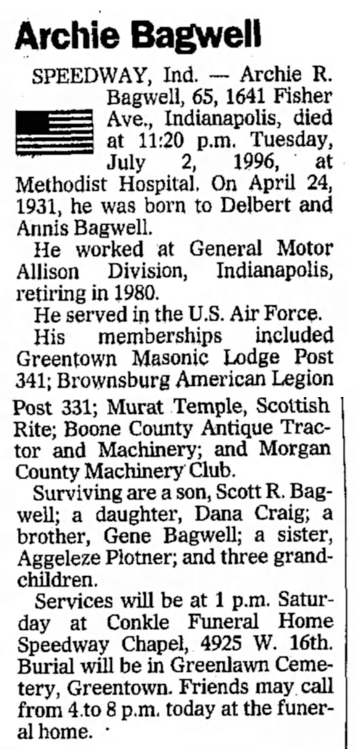 Archiblad Ray Bagwell - Obituary
The Kokomo Tribune - July 5, 1996 - Page 10