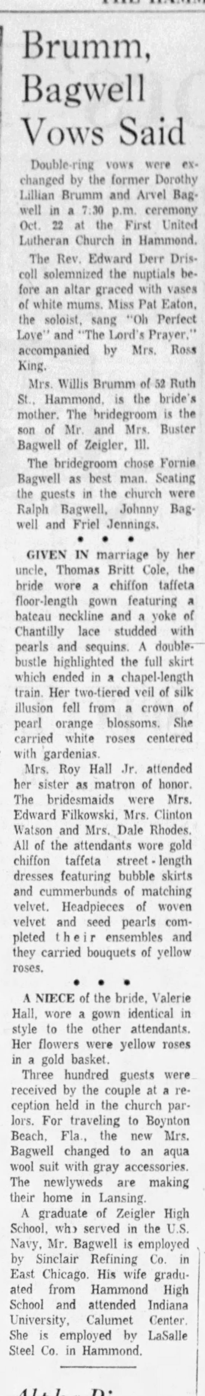 Arvel Dean Bagwell and Dorothy L Brumm - Marriage Annoucement
The Times (Munster, Indiana) - November 3, 1960 - Page 36