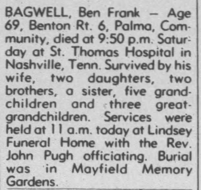 Benjamin Franklin Bagwell - Obituary
The Paducah Sun - February 03, 1981 - Page 09