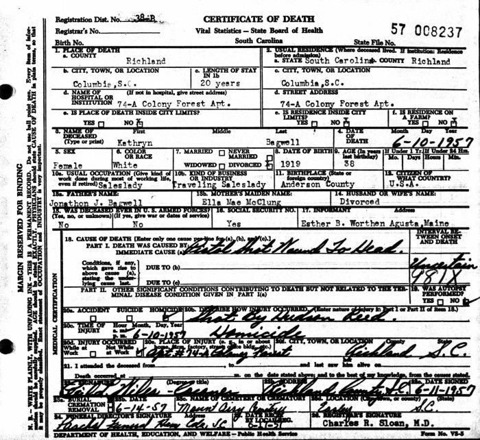 Beulah Kathryn Bagwell - 1919 to 1957
Certificate of Death - State of South Carolina