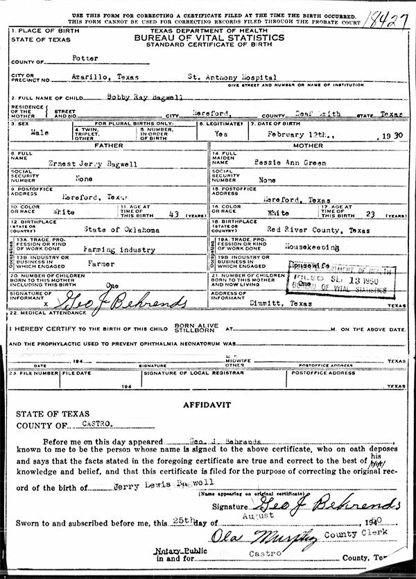 Bobby Ray Bagwell
State of Texas - Certificate of Birth 1930