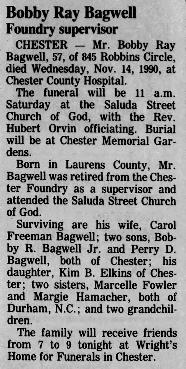Bobby Ray Bagwell, Sr. - Obituary
The Herald (Rock Hill, South Carolina) - November 16, 1990 - Page 11