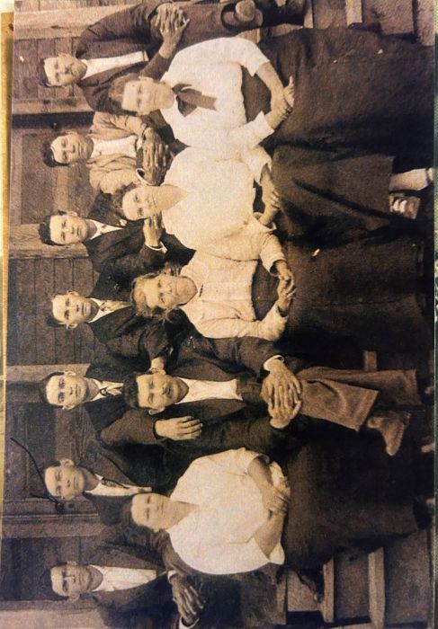 Back Row (Left to Right):
Elijah Walker 1879-1942, Calvin David 1881-1934, Forrest Lee 1895-1926, Ernest Monroe 1899-1966, James M. 1890-1918, George Adolphus 1877-1936, William Robert 1873-1940
Front Row (Left to Right):
Front: Ella Estelle 1892-1934, Margaret Melissa Leslie 1856-1928, Calvin Lynch Bagwell 1855-1934, Aurie Suzanne 1886-1918, Samantha Jane 1876-1939
Circa Unknown
Photograph courtesy of Ronnie Wayne Bagwell