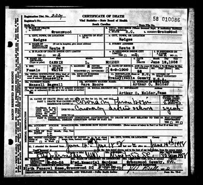 Cannie L. (Bagwell) Holder - 1900 to 1958
Certificate of Death - State of South Carolina