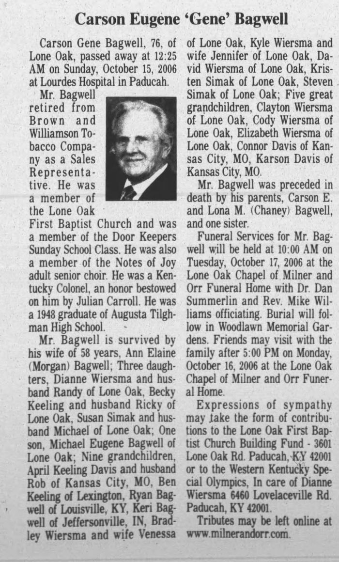 Carson Eugene Bagwell - Obituary
The Paducah Sun - October 16, 2006 - Page 24