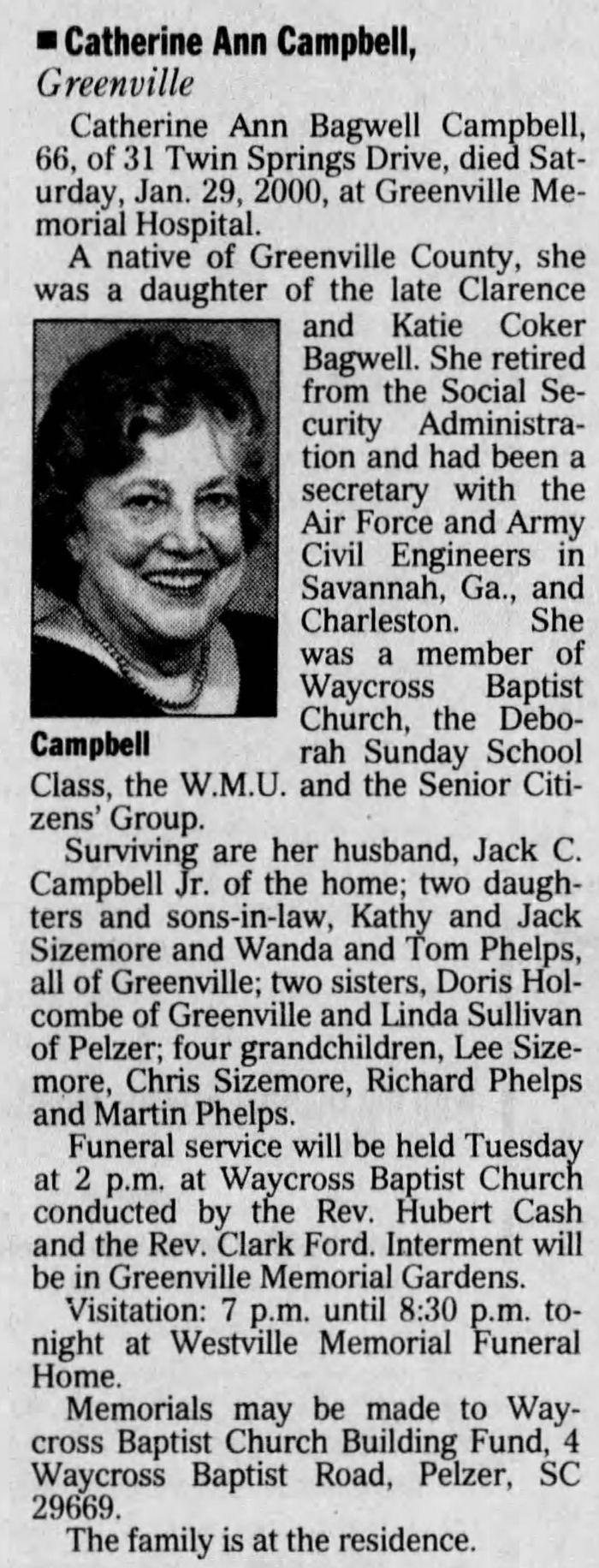 Catherine Ann (Bagwell) Campbell - Obituary
The Greenville News - January 31, 2000 - Page 12