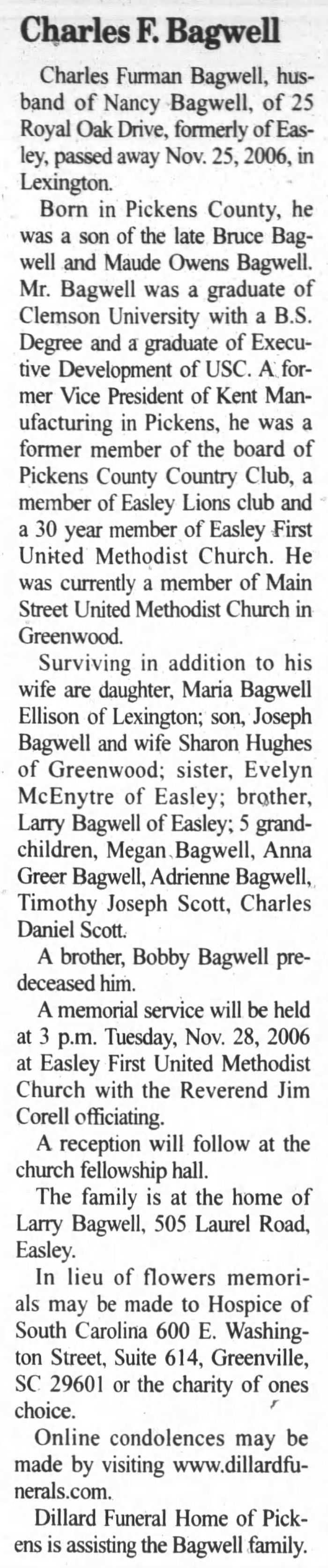 Charles Furman Bagwell - Obituary
The Index Journal - November 27, 2006 - Page 06