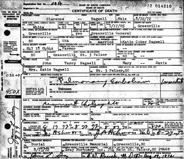 Clarence M. Bagwell - 1905 to 1972
Certificate of Death - State of South Carolina