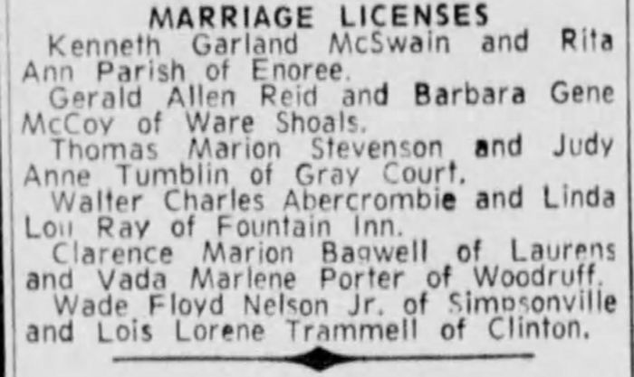 Clarence Marion Bagwell and Vada Marlene Porter - Marriage License
The Greenville News - December 21, 1960 - Page 02