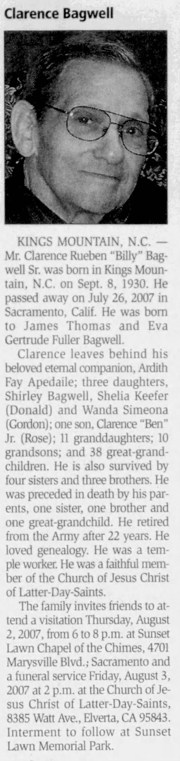 Clarence Reuben Bagwell - Obituary
The Herald - July 31, 2007 - Page 09