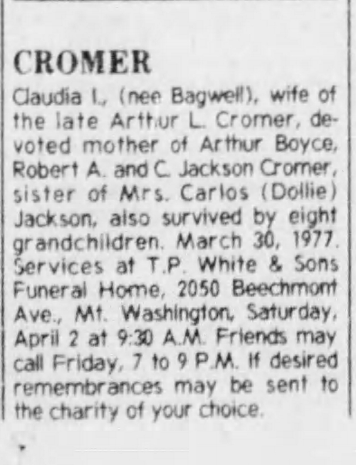Claudia I. (Bagwell) Cromer - Obituary
The Cincinnati Enquirer - April 01, 1977 - Page 30