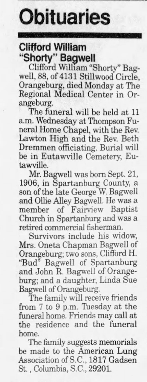 Clifford Willam "Shorty" Bagwell - Obituary
The Times and Democrat (Orangeburg, South Carolina) - November 01, 1994 - 14