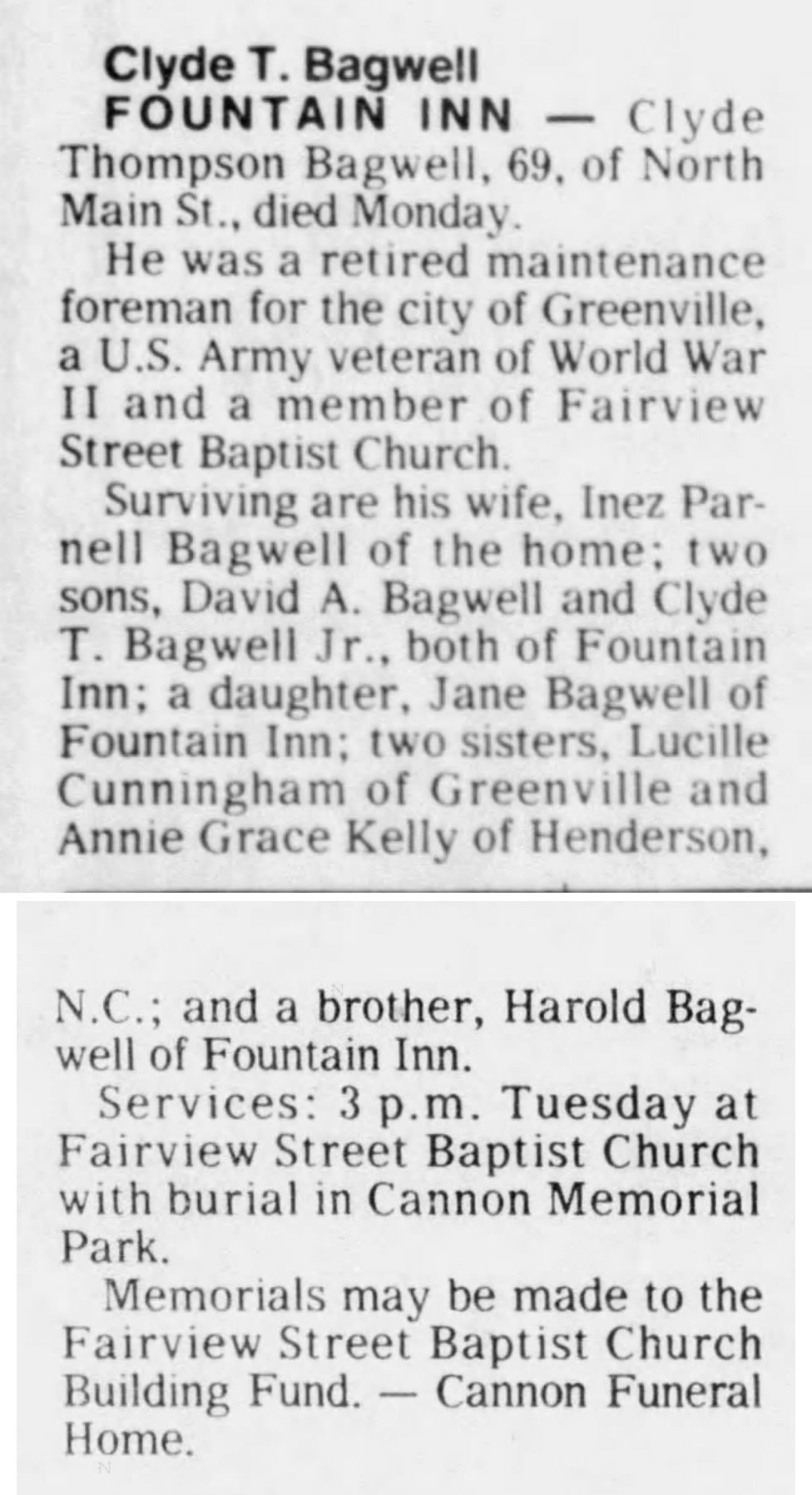 Clyde Thompson Bagwell - Obituary
The Greenville News - January 03, 1984 - Page 14