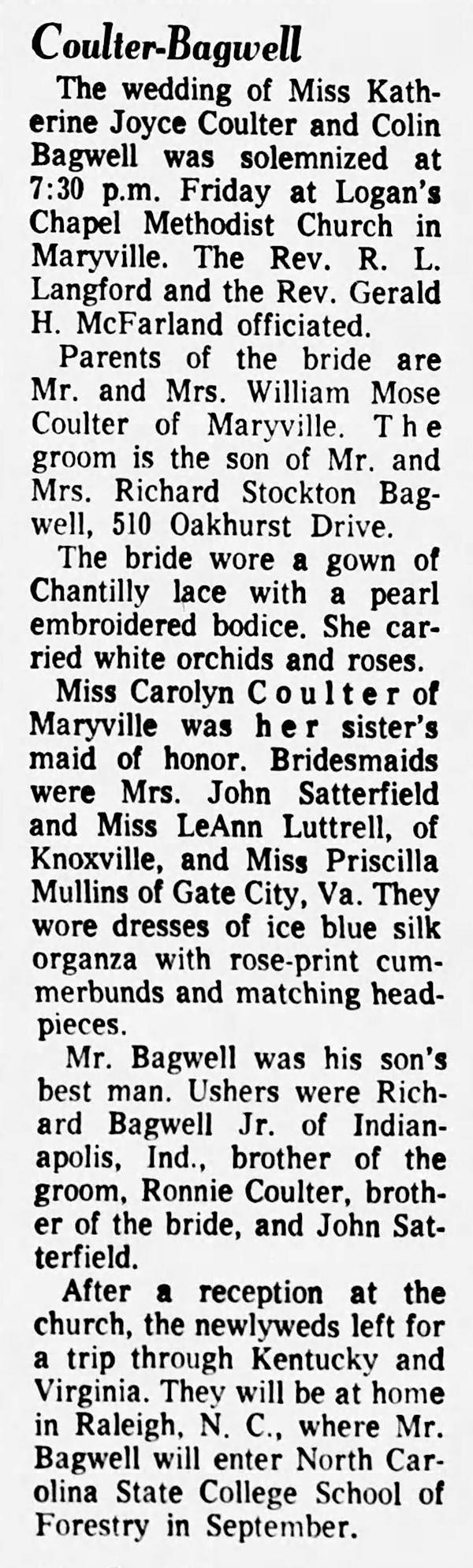 Colin Bagwell and Katherine Coulter - Marriage Annoucement
The Knoxville News Sentinel - August 23, 1964 - Page 50
