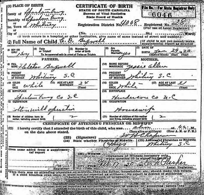Connie D. Bagwell - 1920 to 2003
Certificate of Birth - State of South Carolina