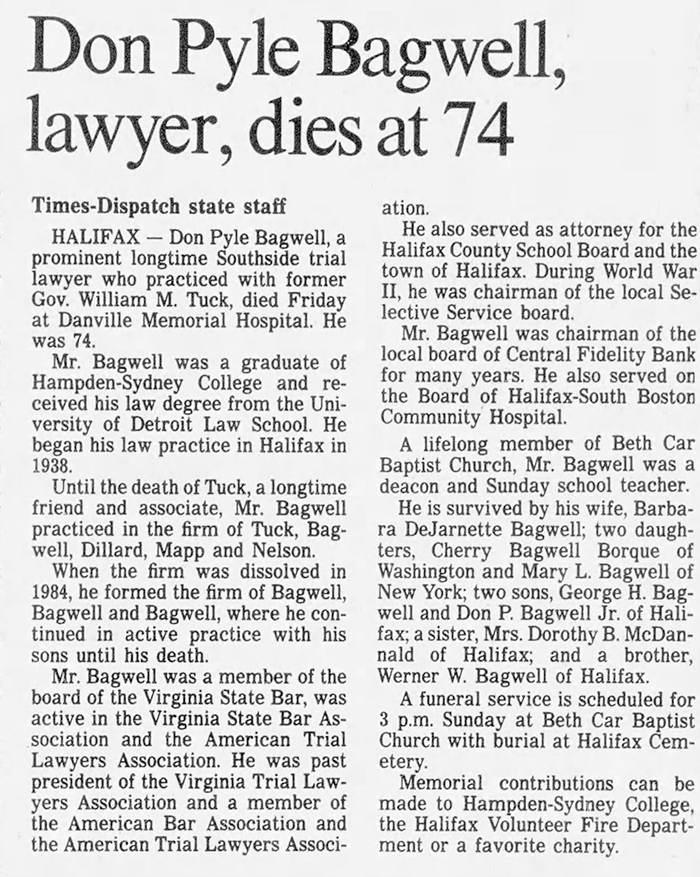 Don Pyle Bagwell - Obituary
Richmond Times Dispatch - March 12, 1989 - Page 59