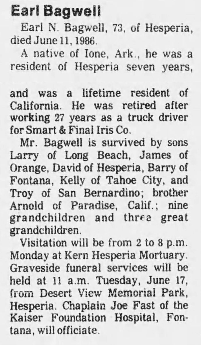 Earl Noland Bagwell - Obituary
Daily Press - June 15, 1986 - Page 02