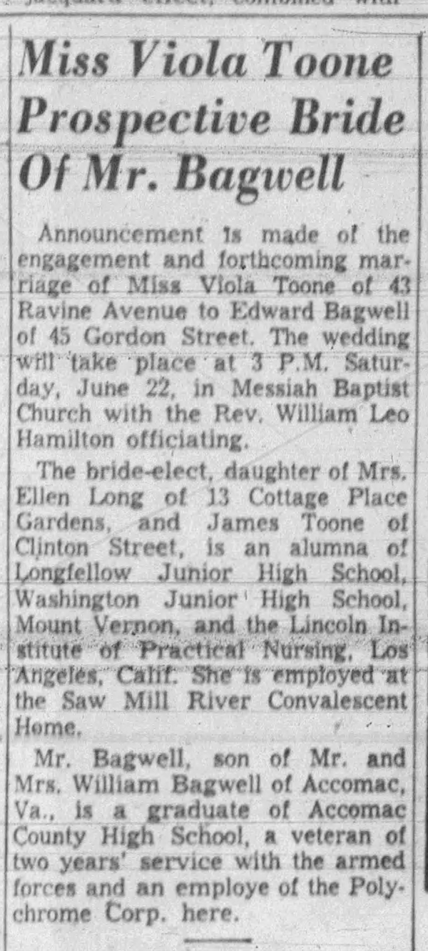 Engagement Announcement - Edward Cuthbert Bagwell & Viola Toone
The Hearld Statesman (Yonkers, New York) - June 12, 1957 - Page 22