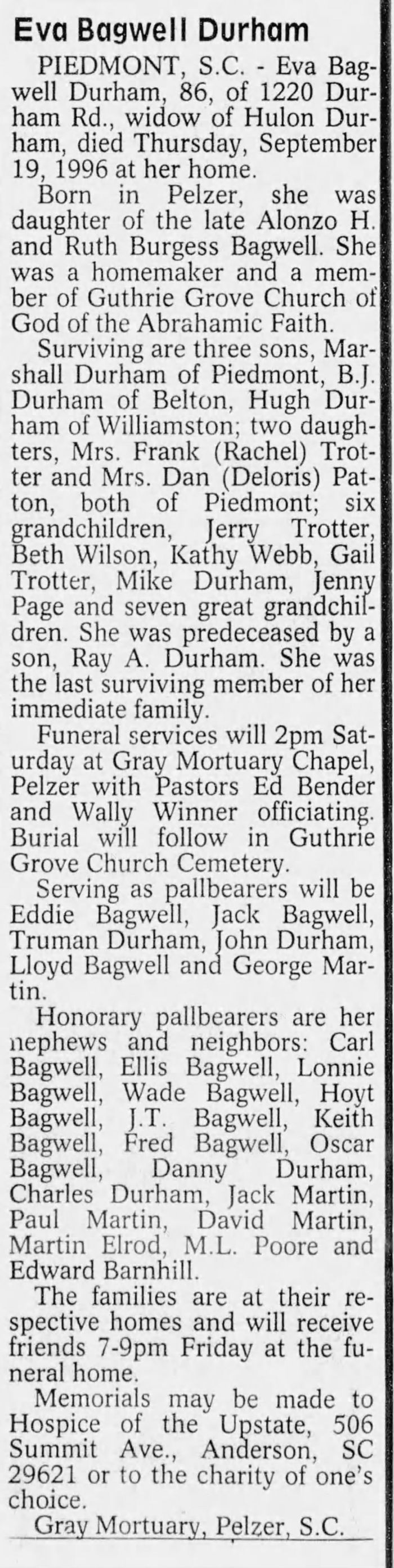 Eva Mae (Bagwell) Durham - Obituary
Anderson Independent Mail - September 21, 1996 - Page 10