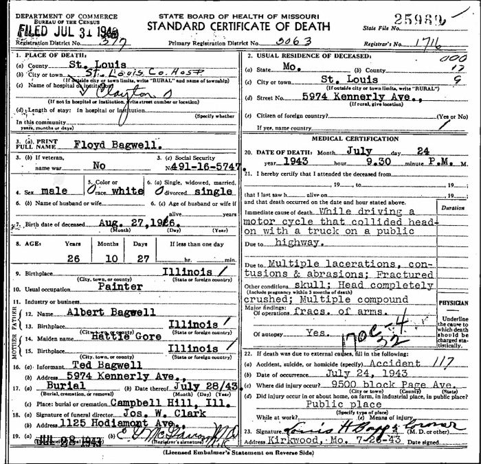 Floyd Lemon Bagwell - 1916 to 1943
Certificate of Death - State of Missouri
