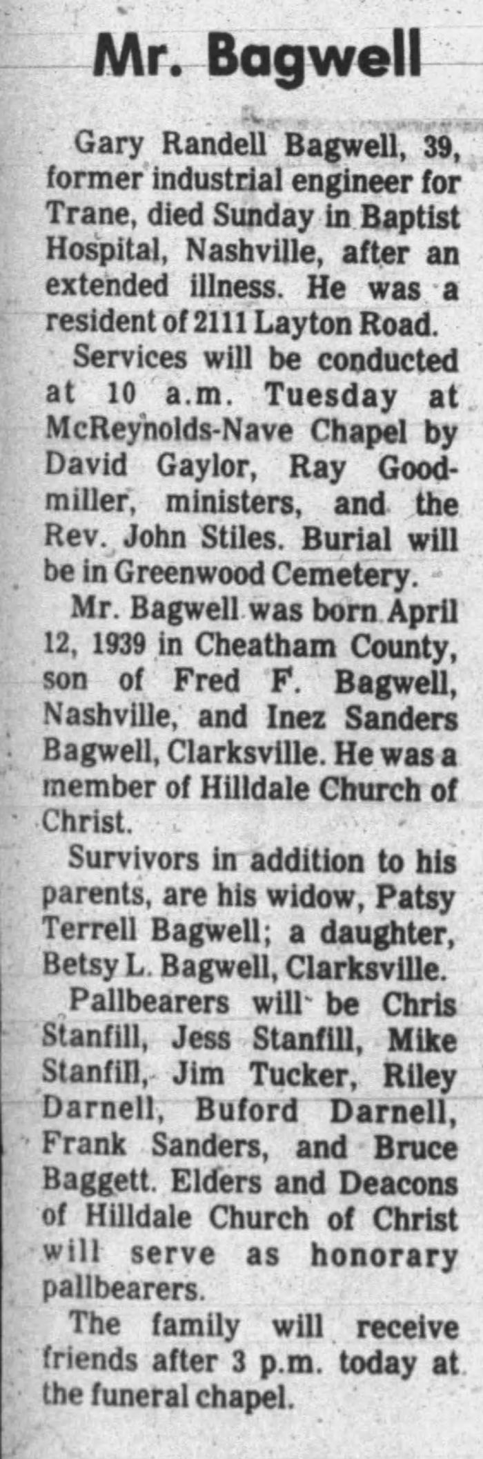 Gary Randell Bagwell - Obituary
The Leaf Chronicle - October 02, 1978 - Page 02