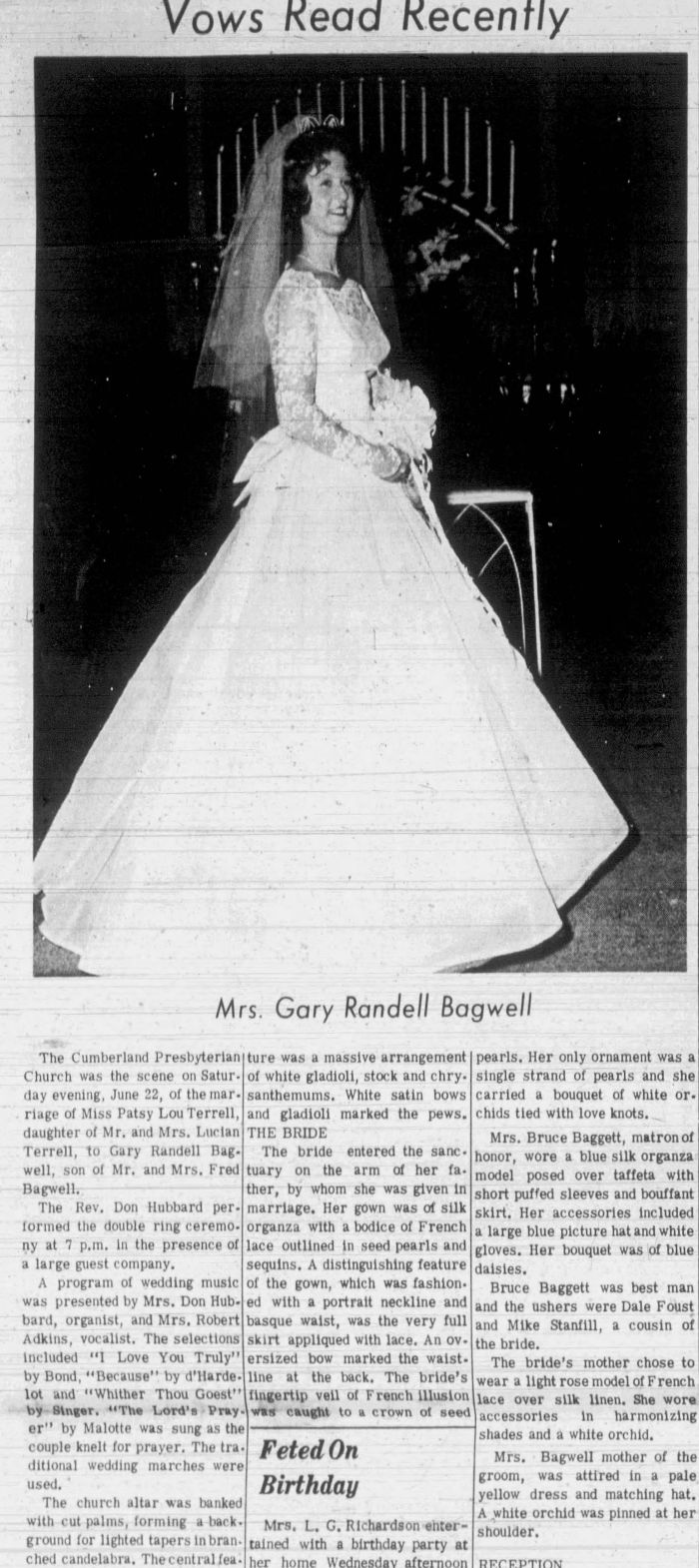 Gary Randell Bagwell and Patsy Lou Terrell - Marriage Annoucement
The Leaf Chronicle - July 18, 1963 - Page 10