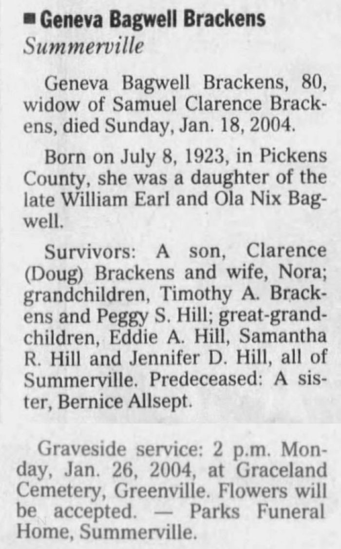 Geneva (Bagwell) Brackens - Obituary
The Greenville News - January 24, 2004 - Page 25