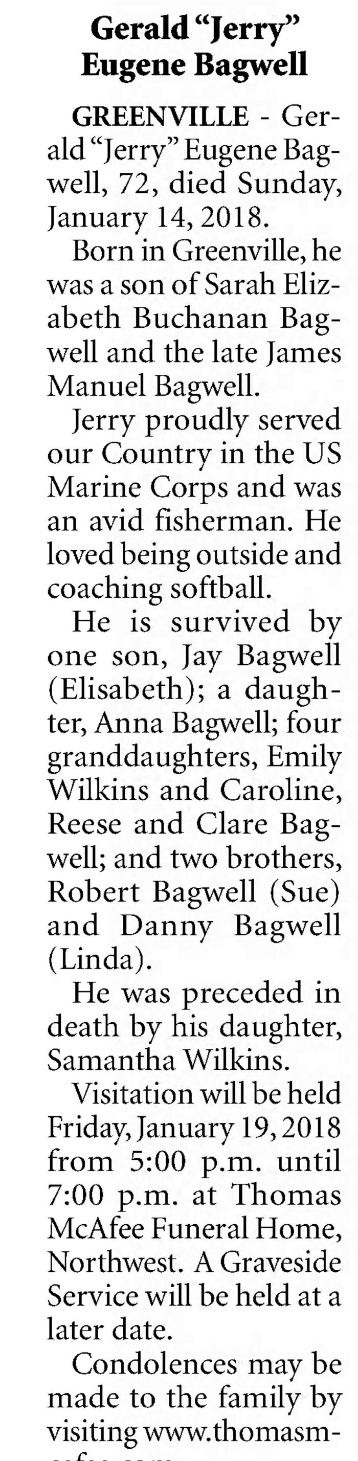 Gerald Eugene Bagwell - Obituary
The Greenville News - January 18, 2018 - Page AA2